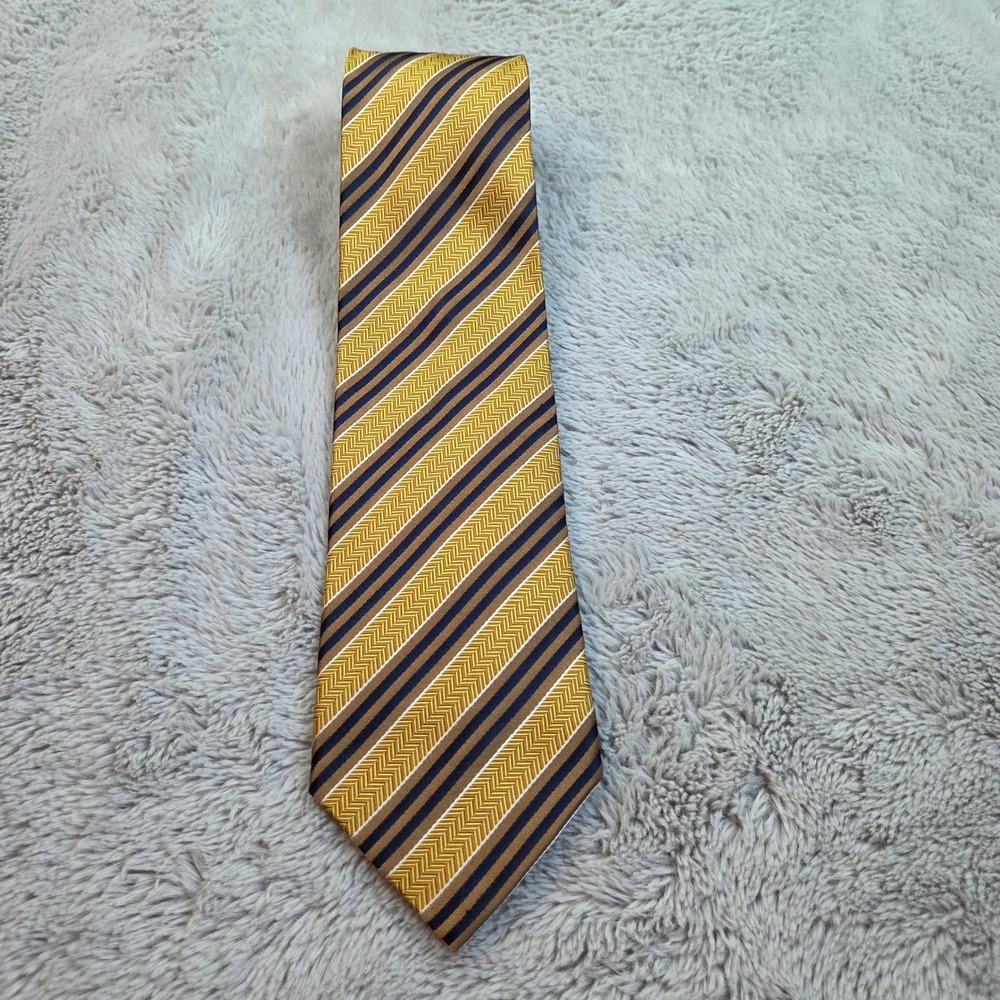 Ermenegildo Zegna Silk Tie Mens OS Diagonal Stripe Chevron Gold Navy Brown Italy